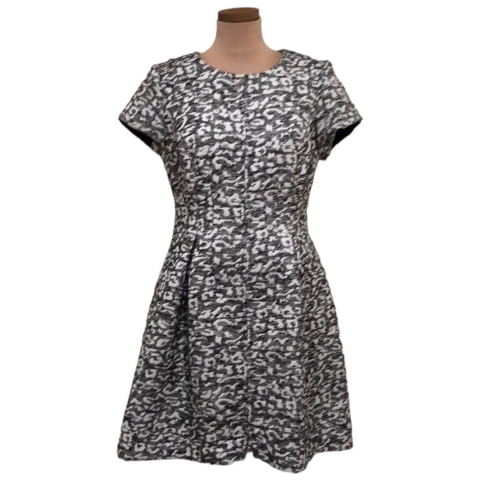 Eliza J Dress 12 Silver Gray Metallic Leopard Jacquard Pleated Fit and Flare